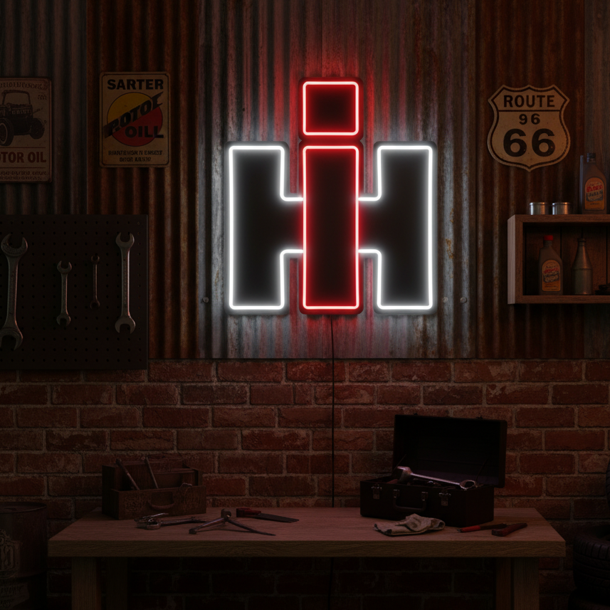 Red and white “IH” logo neon sign representing classic farm machinery heritage, perfect for garages and workshops.