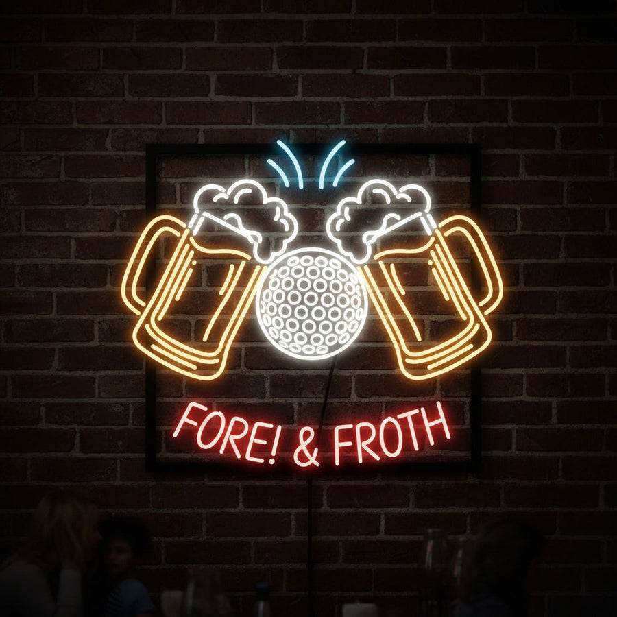 Neon sign featuring two beer mugs and a golf ball with text “FORE! & FROTH,” perfect for bars or golf clubs.