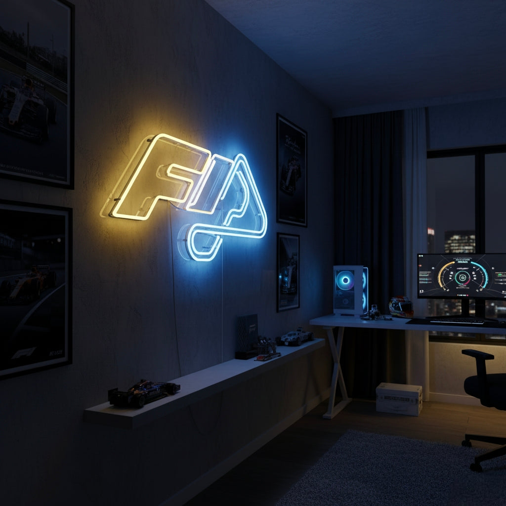 Neon sign with the F1 logo in blue and yellow, stylish for gaming setups, offices, and racing fan rooms.
