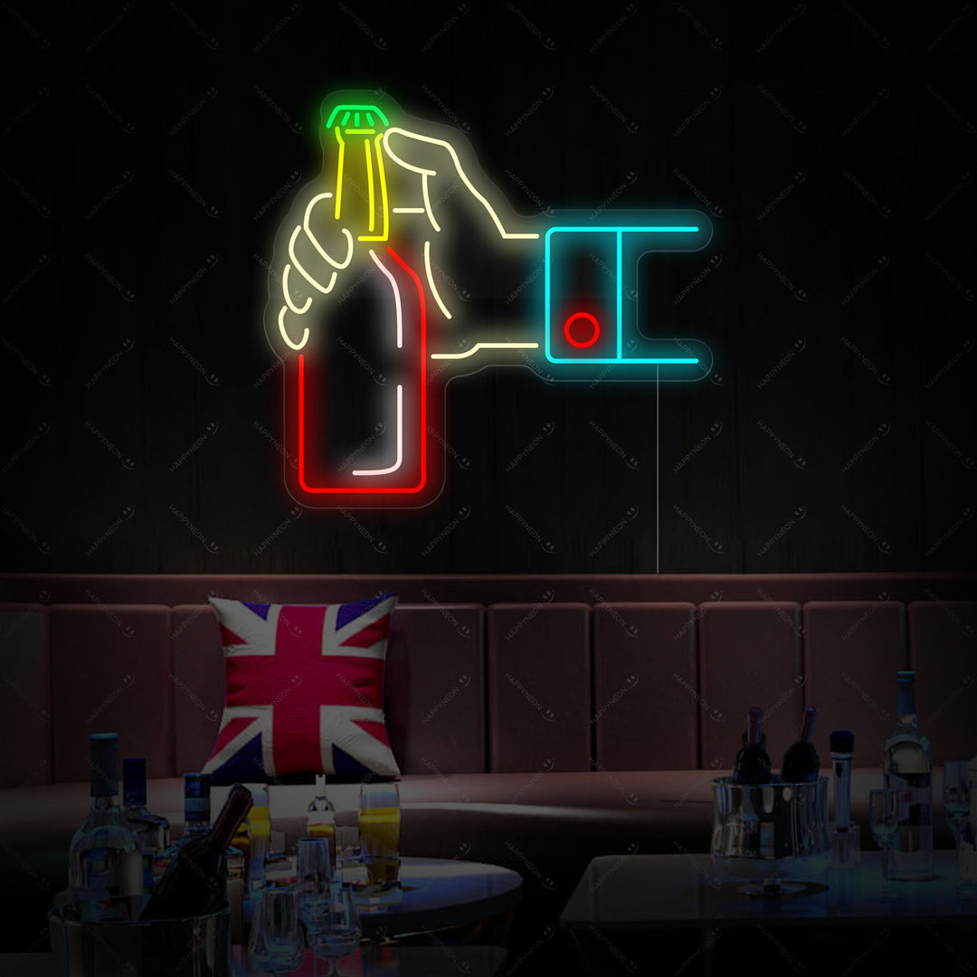 "Hånd åbner ølflaske" Neonskilt