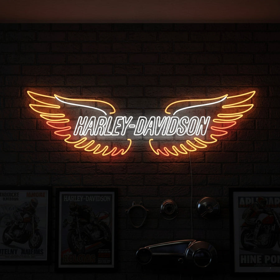 Neon sign featuring the Harley-Davidson logo with orange wings, great for biker bars, garages, and motorcycle fans.