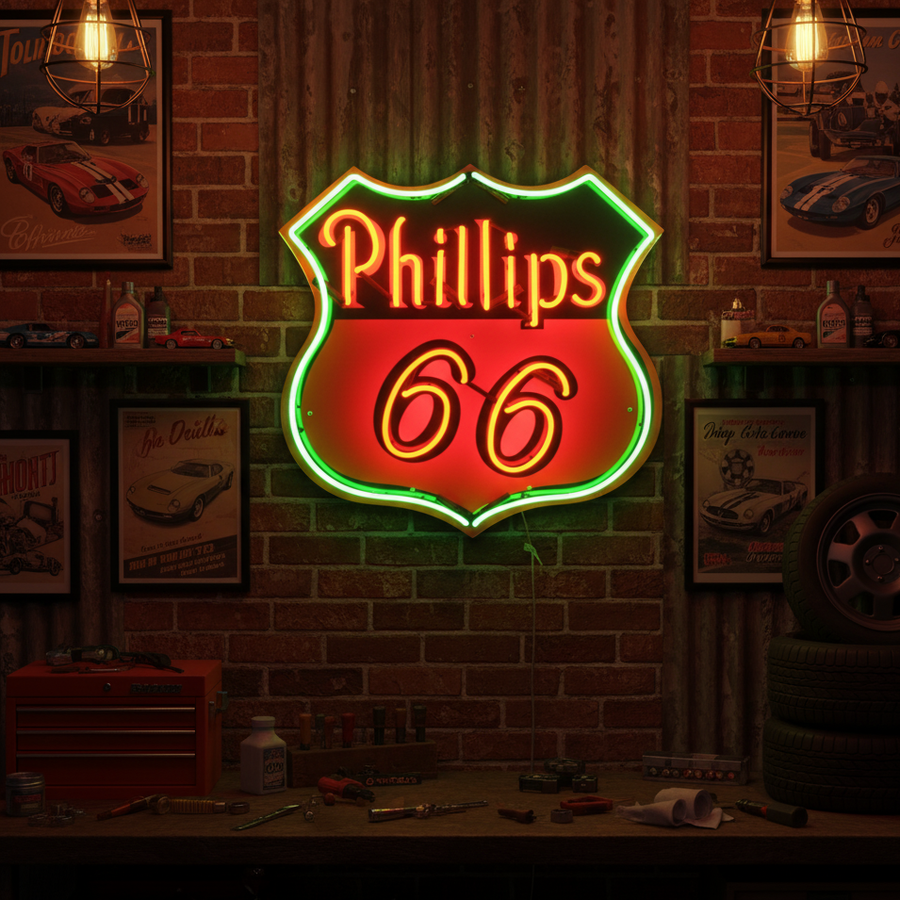 Green and red Phillips 66 neon sign in vintage shield shape, perfect for Route 66 or garage themes.