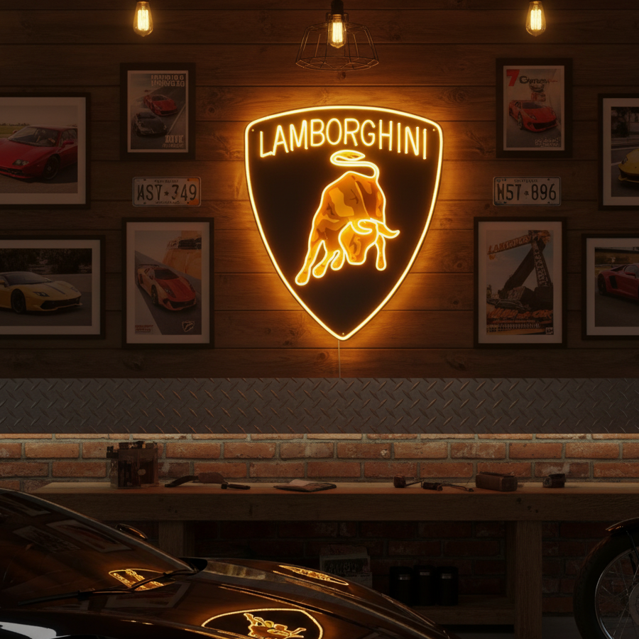 Neon sign featuring the golden Lamborghini bull shield logo, adding Italian sports car style to any man cave.