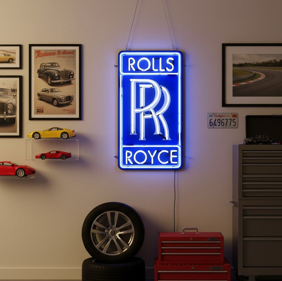Blue and white Rolls-Royce double R logo neon sign, perfect for car collectors and luxury garages.
