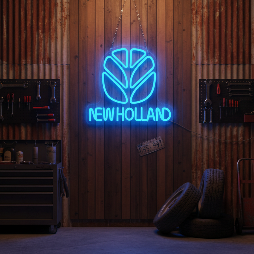 Blue New Holland logo neon sign, perfect for agricultural equipment fans, garages, and workshops.