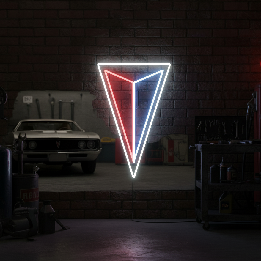 Triangular red, white, and blue neon sign inspired by Pontiac’s vintage car emblem, perfect for auto lovers.