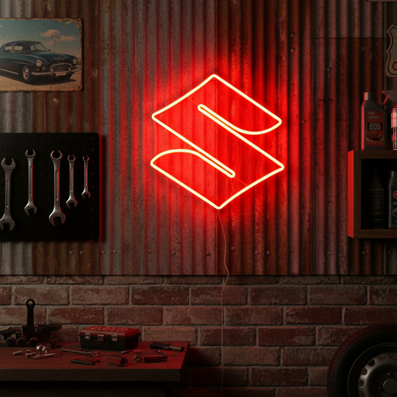 Red Suzuki “S” logo neon sign, great for motorcycle fans, garages, and automotive showrooms.