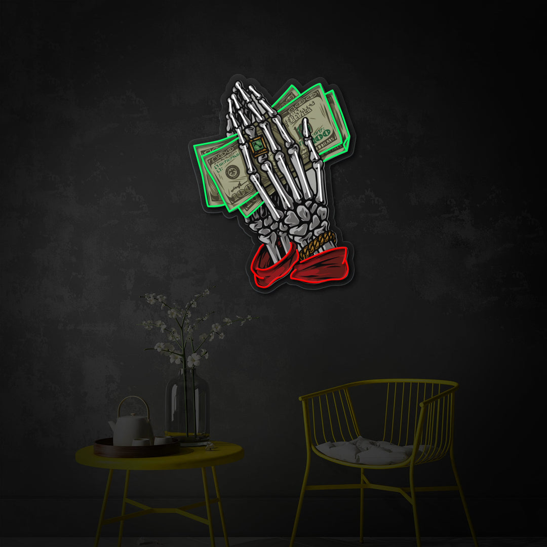 "Farverige penge med skelet hænder, der holder dollarsedler" UV-printet LED-neonskilt
