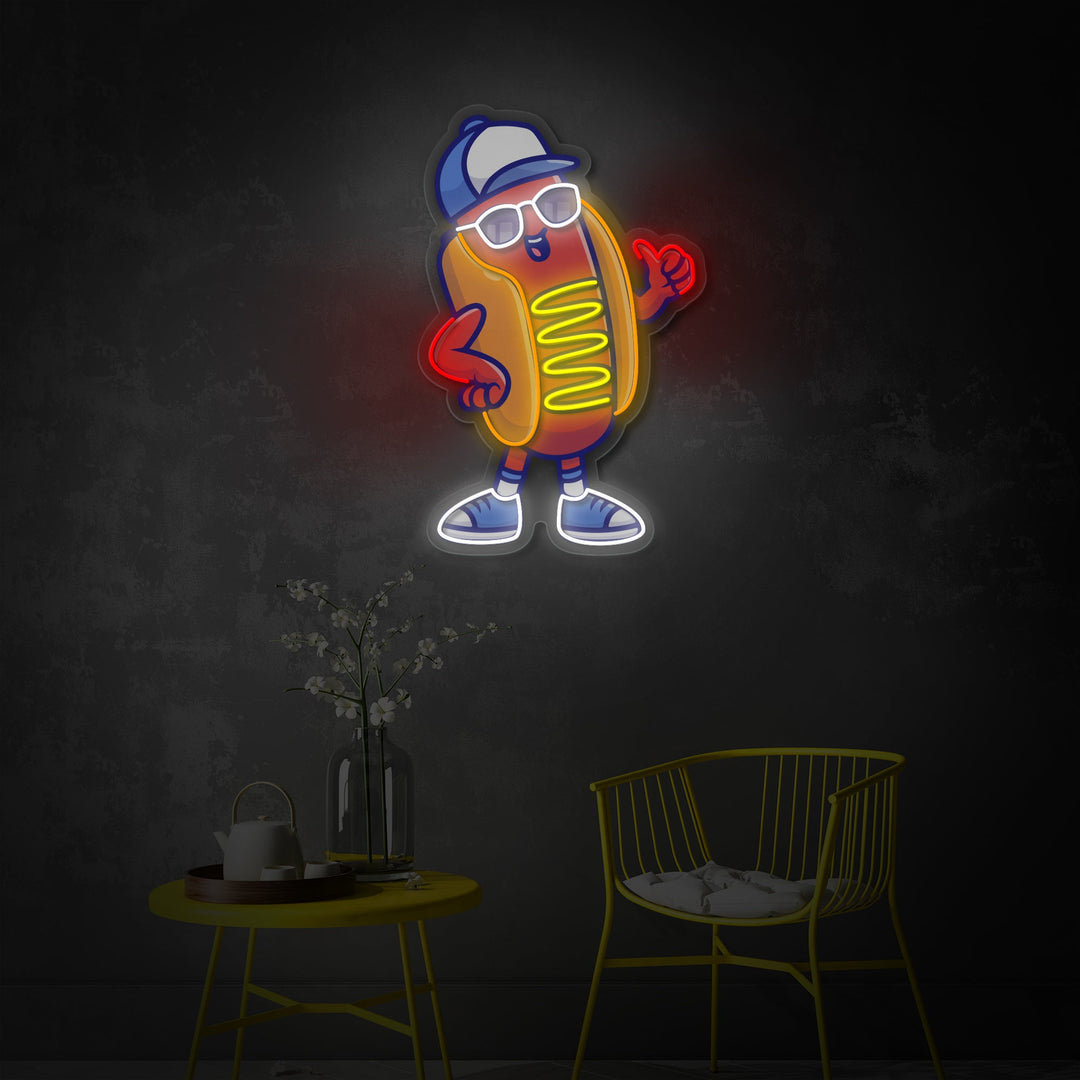 "Cool Hotdog iført briller og hat, mad, restaurant" UV-printet LED-neonskilt