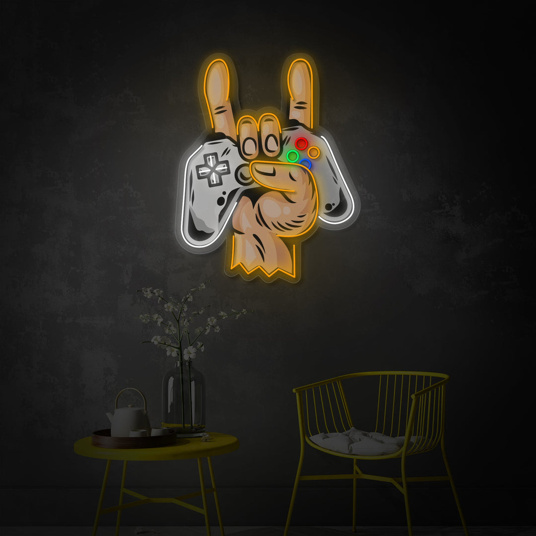 "Hånd med Gamepad Joystick spilcontroller" UV-printet LED-neonskilt