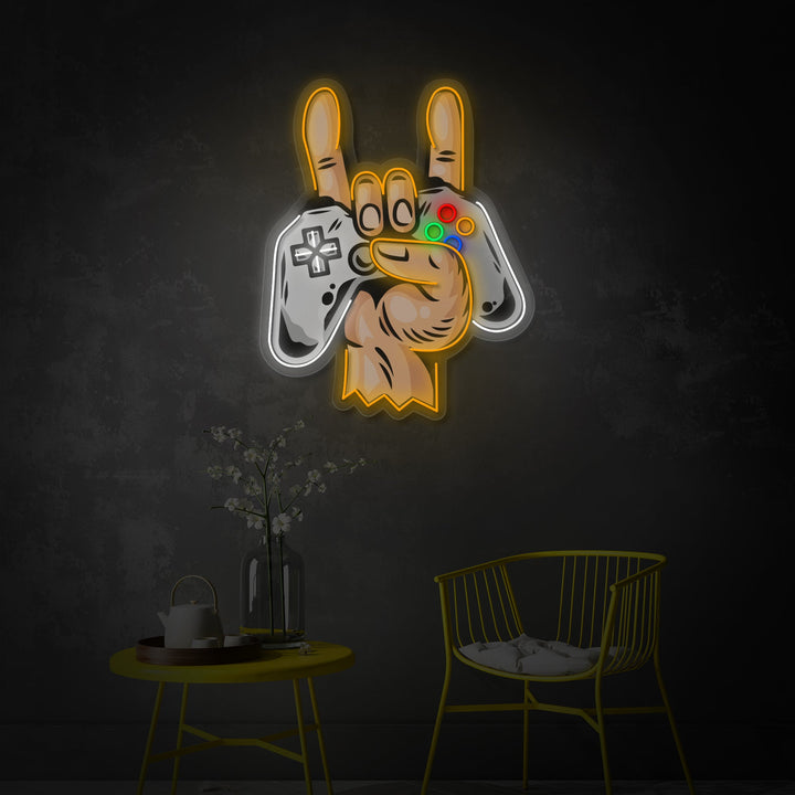 "Hånd med Gamepad Joystick spilcontroller" UV-printet LED-neonskilt