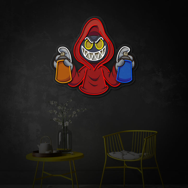 "Hooded Evil Med Graffiti Spraydåser" UV-printet LED-neonskilt