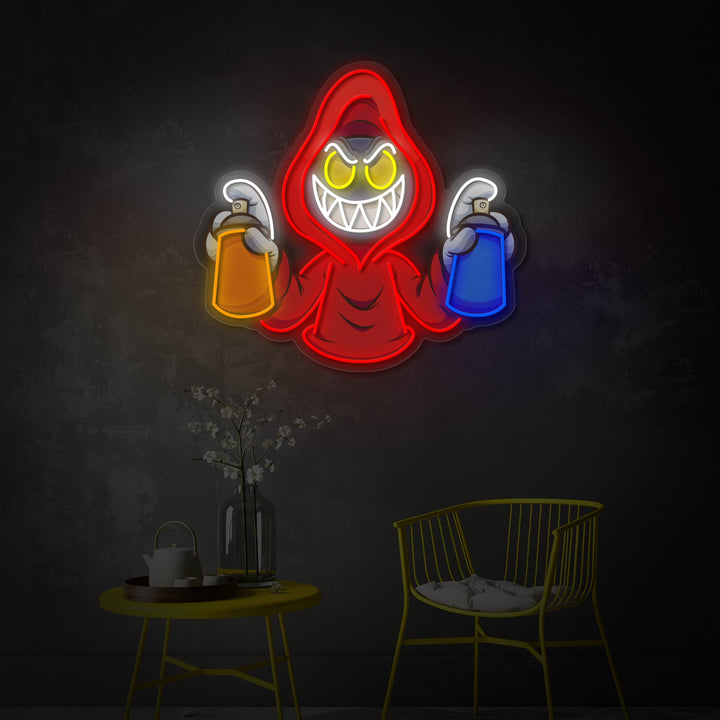 "Hooded Evil Med Graffiti Spraydåser" UV-printet LED-neonskilt