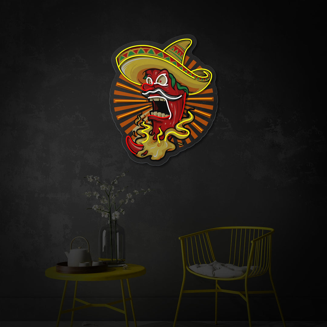 "Mexicansk Red Hot Chili Pepper Med Hat, Restaurant" UV-printet LED-neonskilt