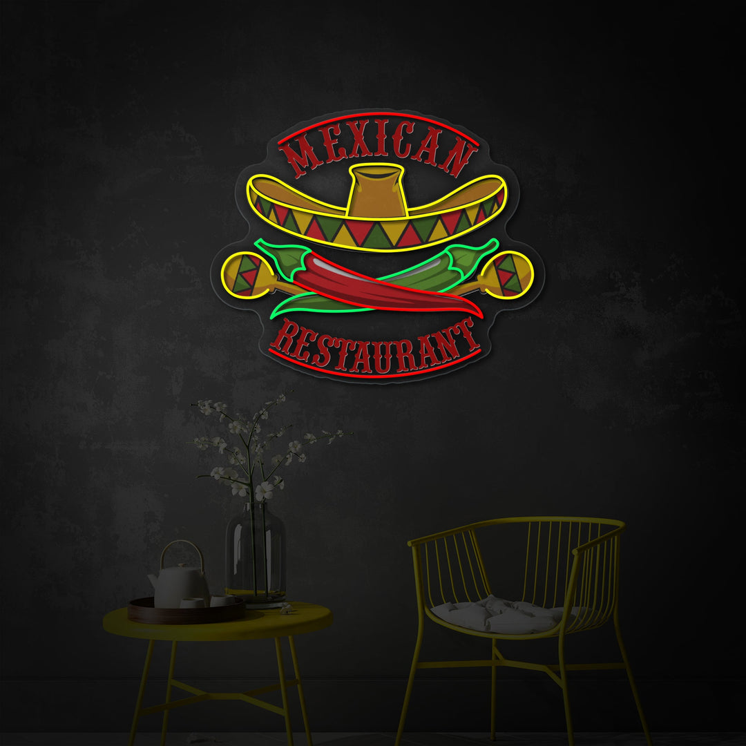 "Mexicansk Restaurant Sombrero Maracas Pepper" UV-printet LED-neonskilt