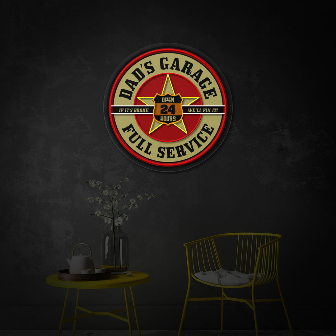 "Retro Dads Garage, Mobil Inspireret" UV-printet LED-neonskilt