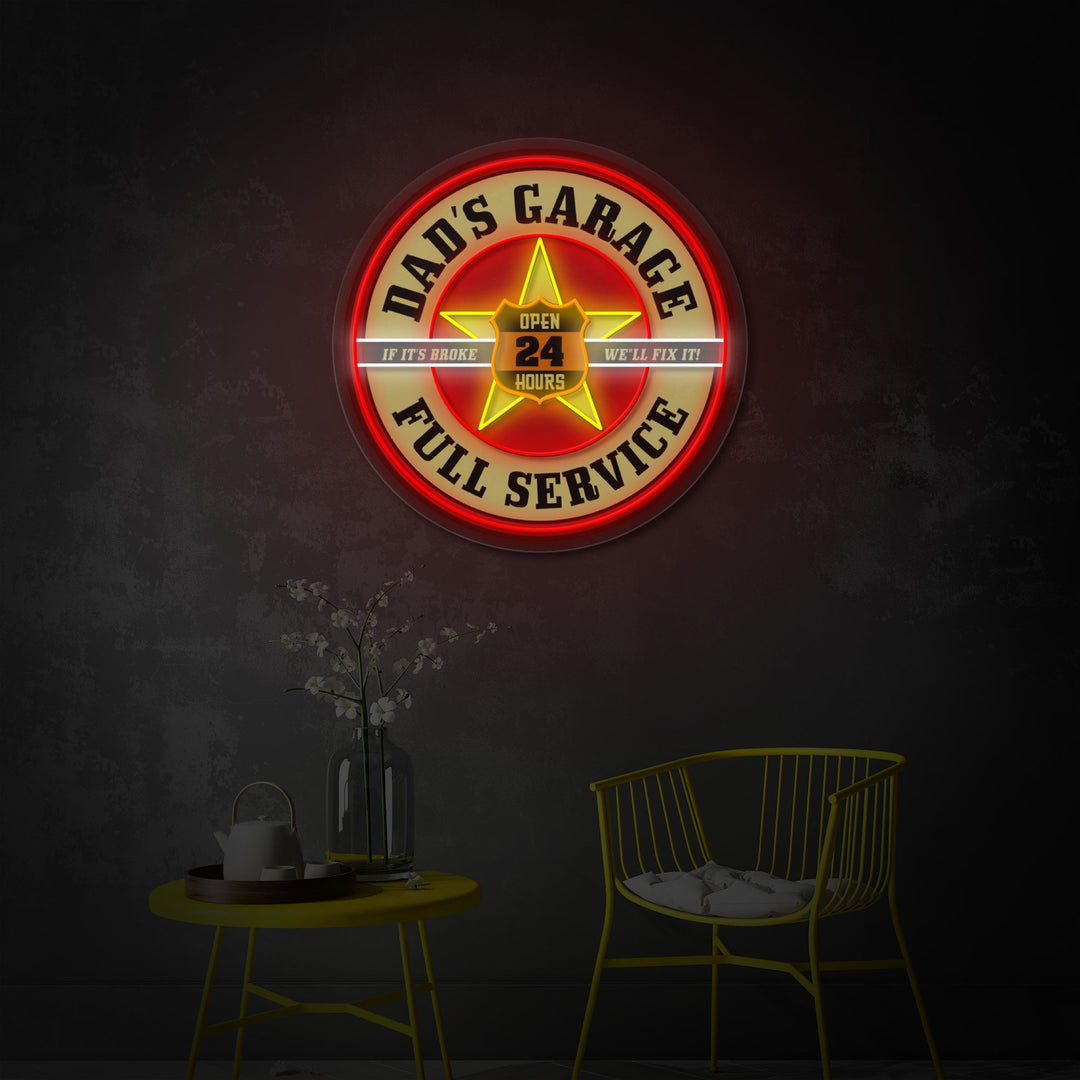 "Retro Dads Garage, Mobil Inspireret" UV-printet LED-neonskilt
