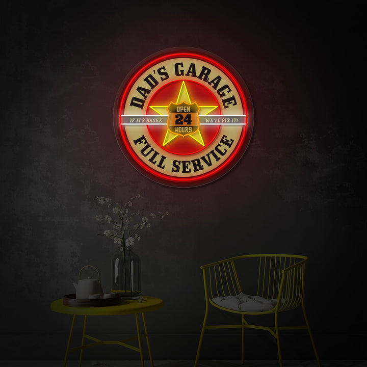 "Retro Dads Garage, Mobil Inspireret" UV-printet LED-neonskilt