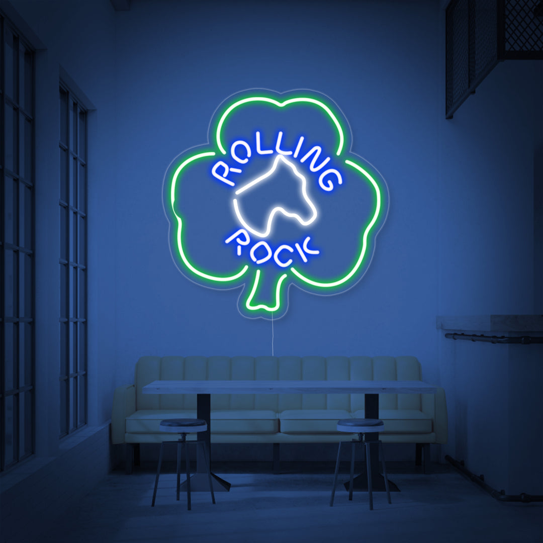 "Rolling Rock, Hestehoved, Skumfidusplante" Neonskilt