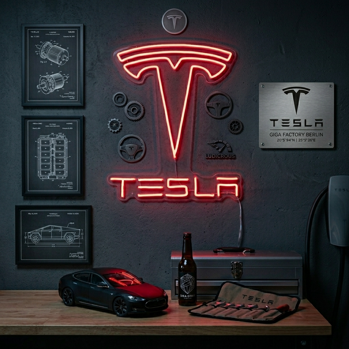 "Tesla Og Bil" Neonskilt
