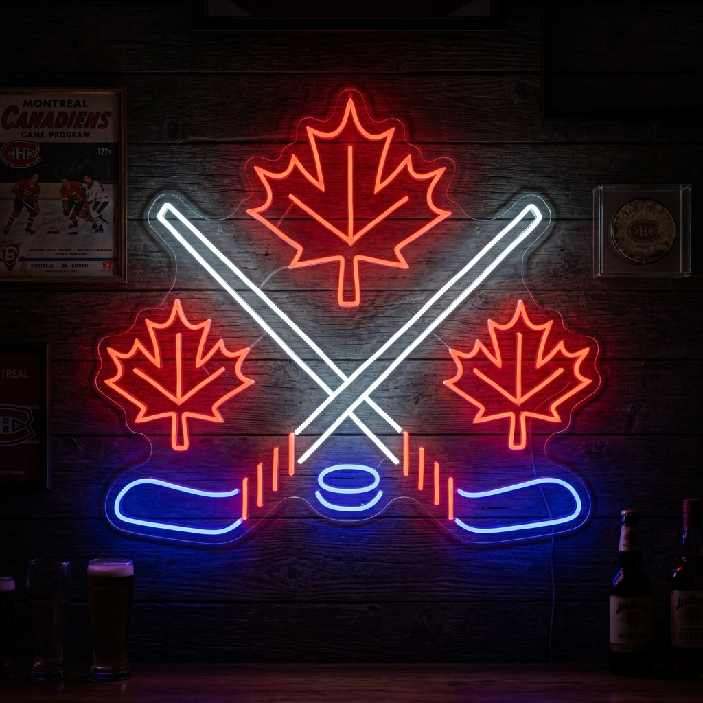 "Ahornblade Med Krydsede Hockeykøller" Neonskilt