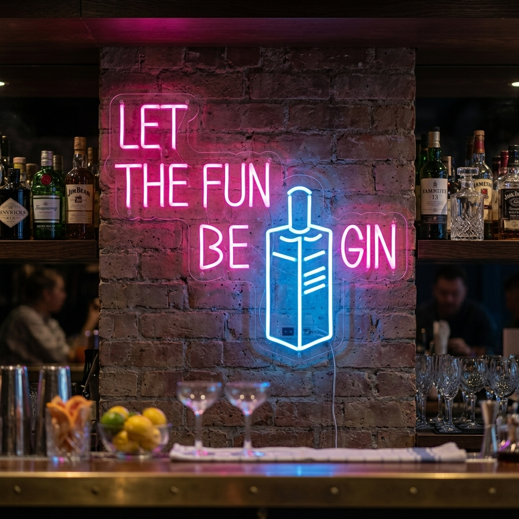 "Let Fun Be Gin Flaske Ølbar" Neonskilt