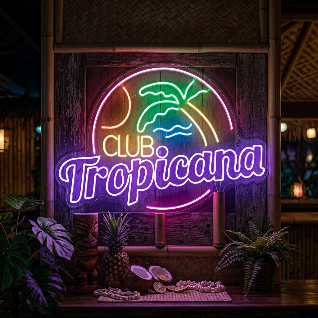 "Club Tropicana Strand, Palmetræ, Bar" Neonskilt