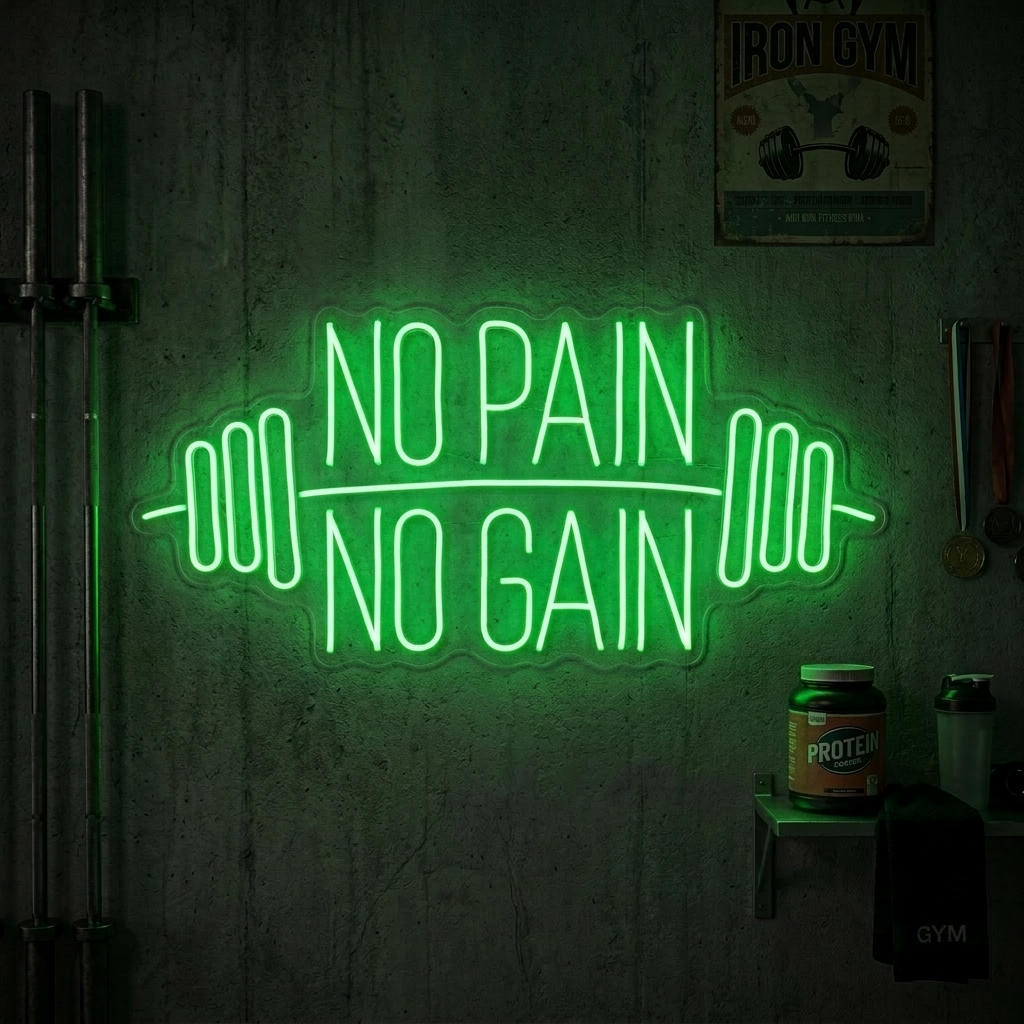 "No Pain No Gain, Gymnastikindretning, Gymnastikcitater, Fitnesscitater, Træningscitater" Neonskilt