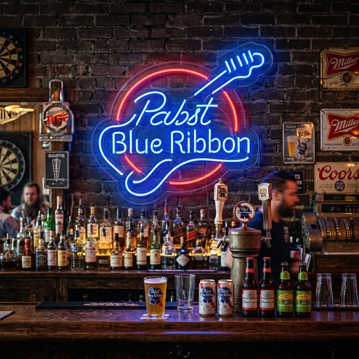 "Pabst Blue Ribbon, Guitar" Neonskilt