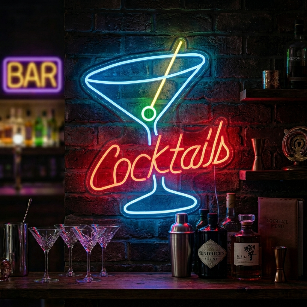 "Cocktails, Martini Glas, Logo Øl" Neonskilt