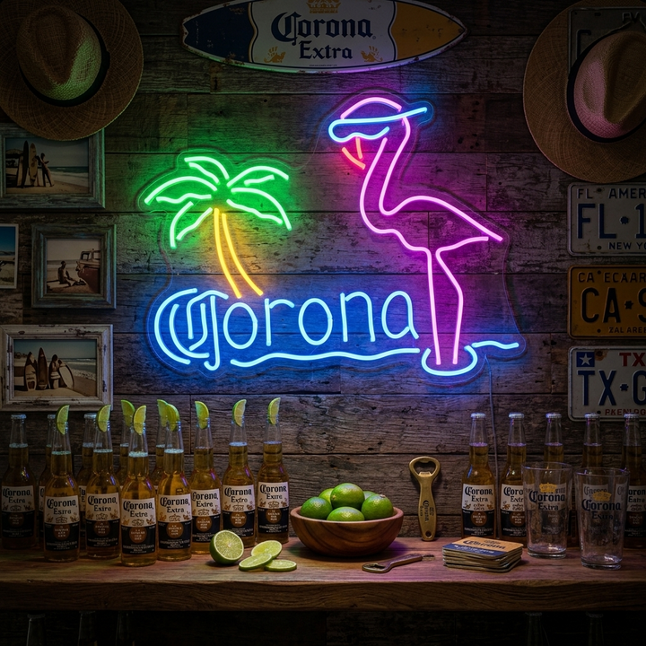 "Pink Flamingo Palme Ølbar" Neonskilt