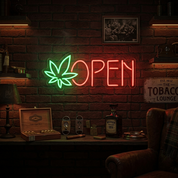 "open, dispensary, marihuana-blad" Neonskilt