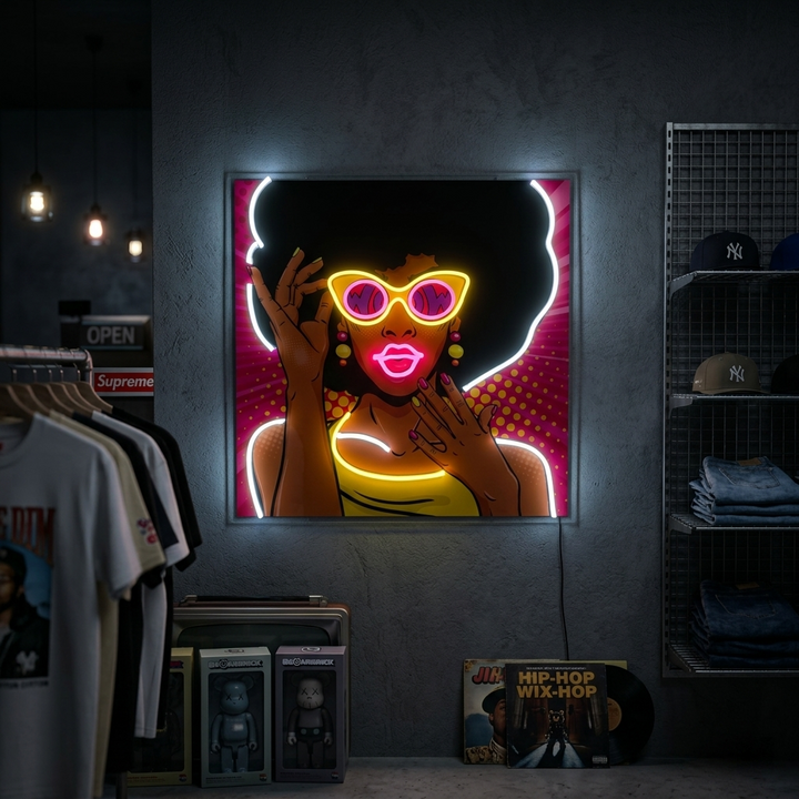 "50'er afroamerikansk pige, popkunst" UV-printet LED-neonskilt