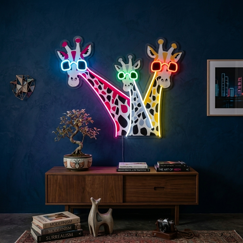 "Sjove giraffer med solbriller" UV-printet LED-neonskilt