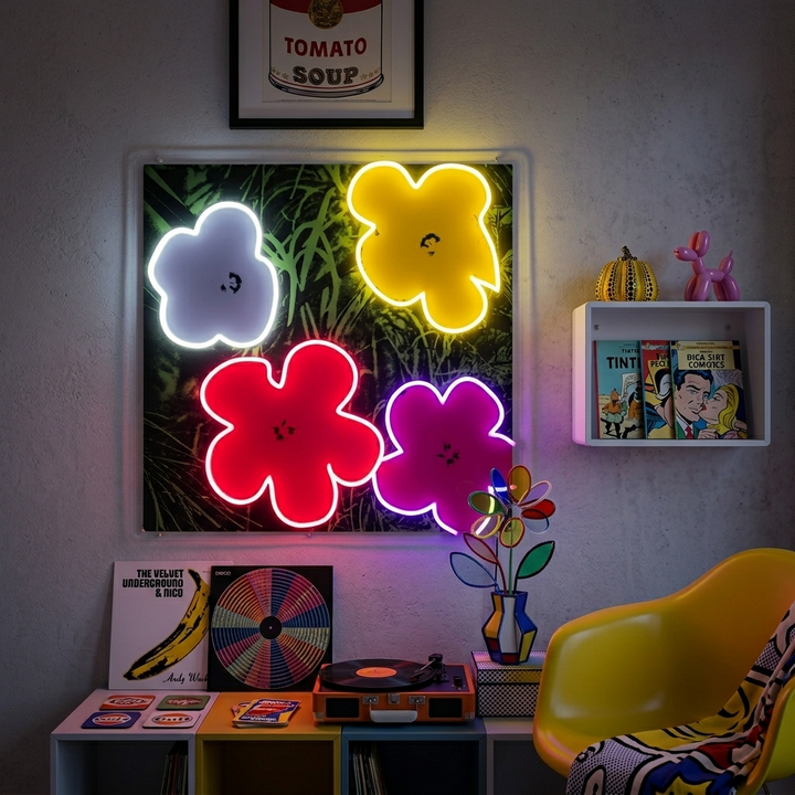"Pop Art i blomst, berømte kunstners blomster" UV-printet LED-neonskilt