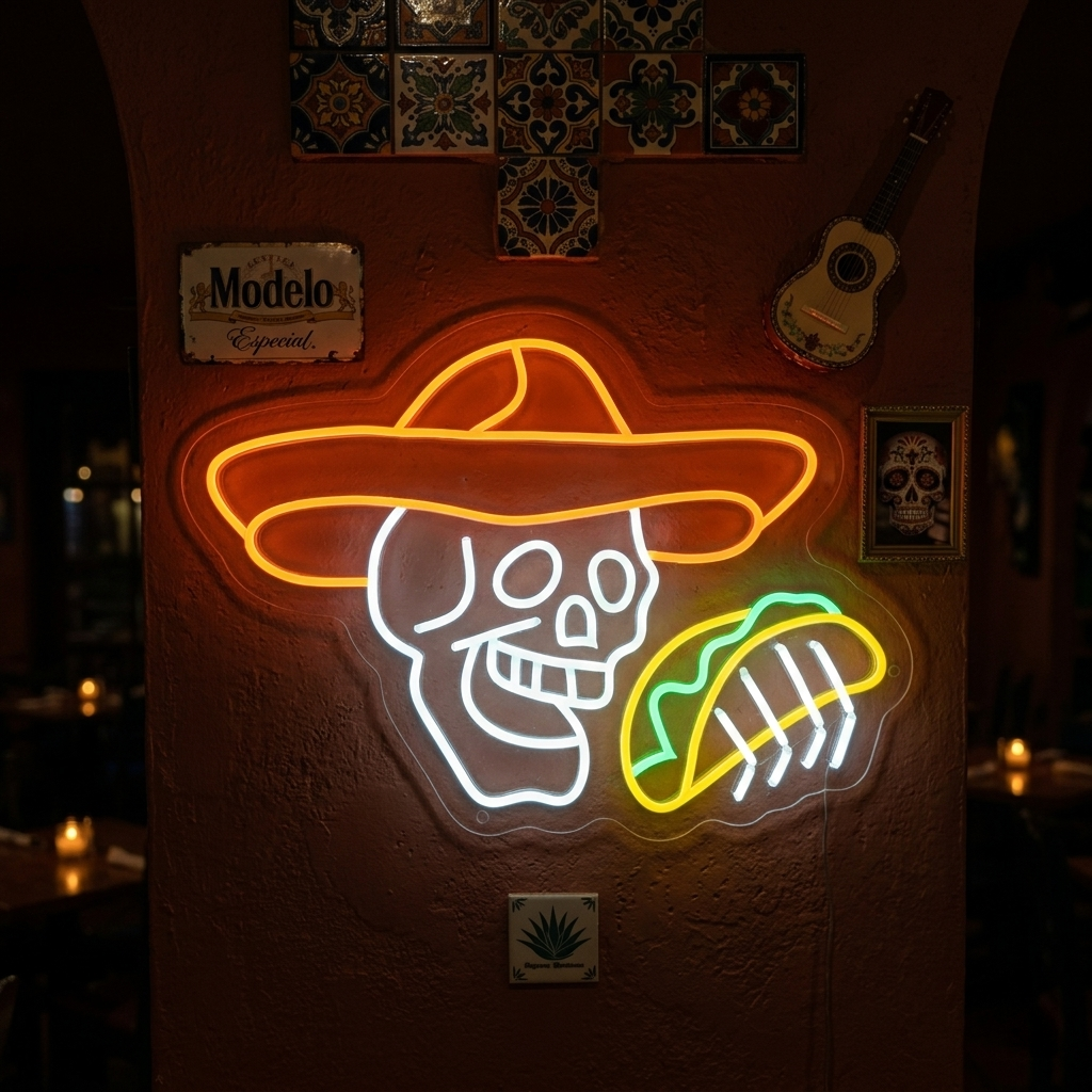 "Kranium med tacos" Neonskilt