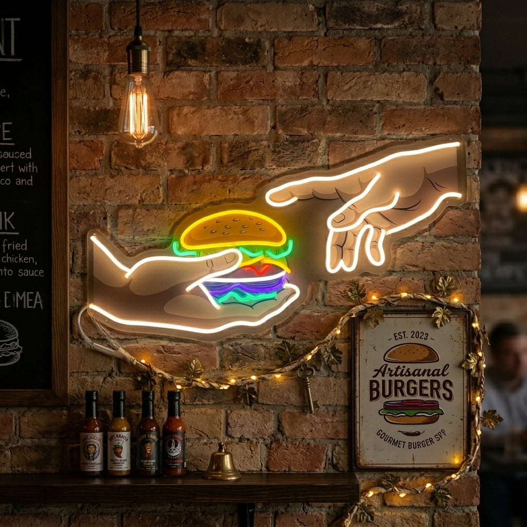 "Hænder med burger" Neonskilt