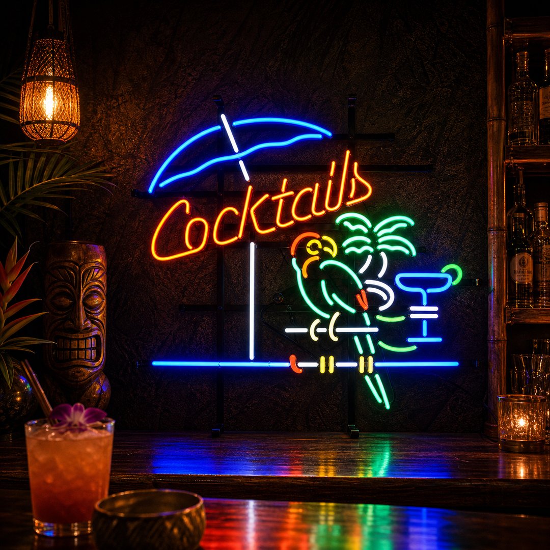 "Cocktails, Papegøje, Cocktails" Neonskilt