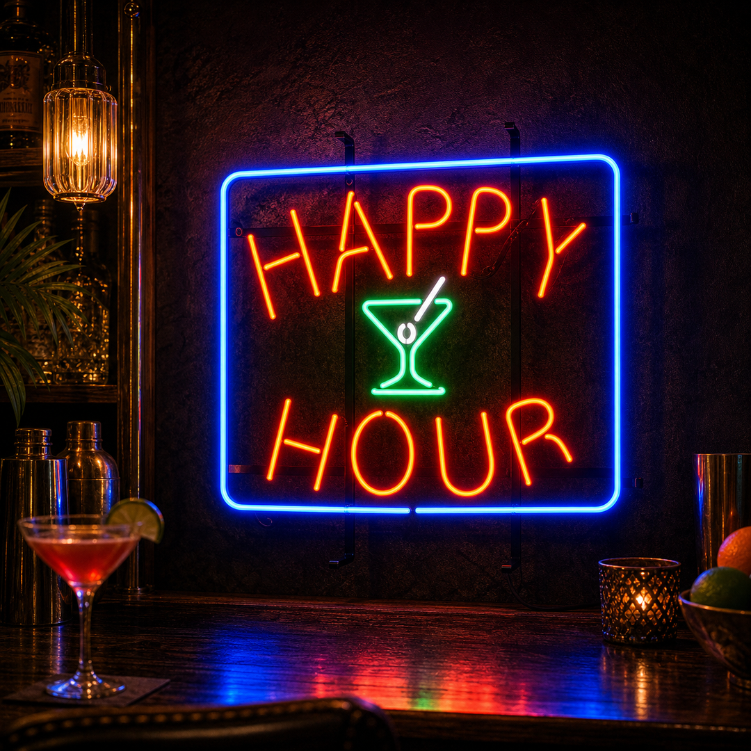 "Happy Hour Ølbar" Neonskilt