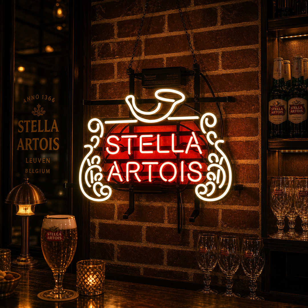 "Ny Stella Artois Belgisk Pilsner" Neonskilt