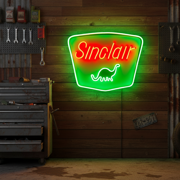 Green and red Sinclair neon sign with dinosaur logo, perfect for retro garage or Route 66 themed decor.