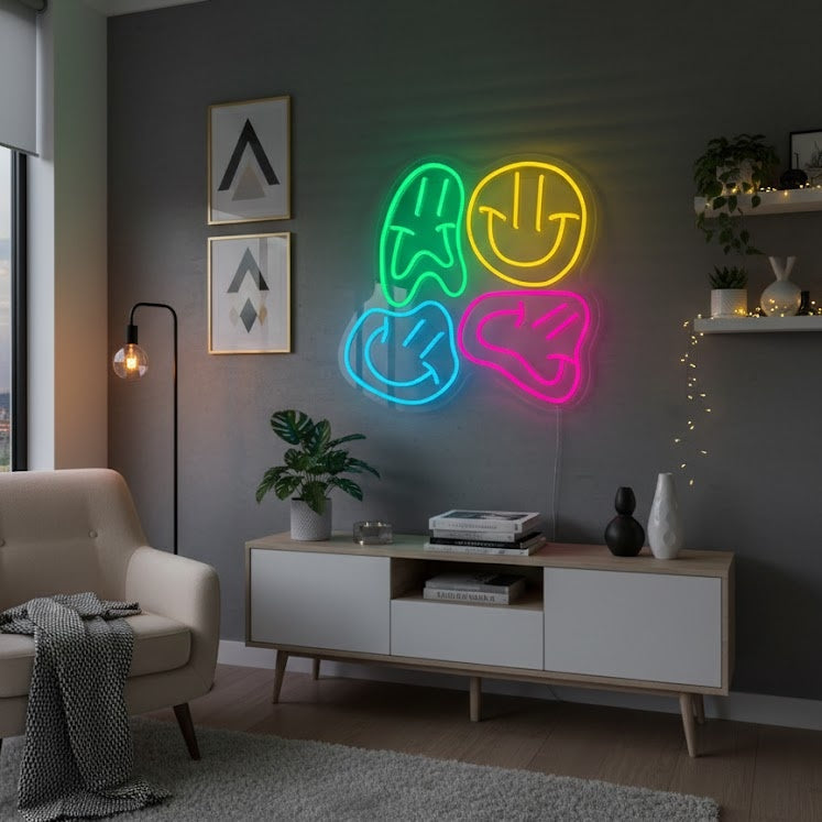 "Forvrængede smilende ansigter" Neonskilt