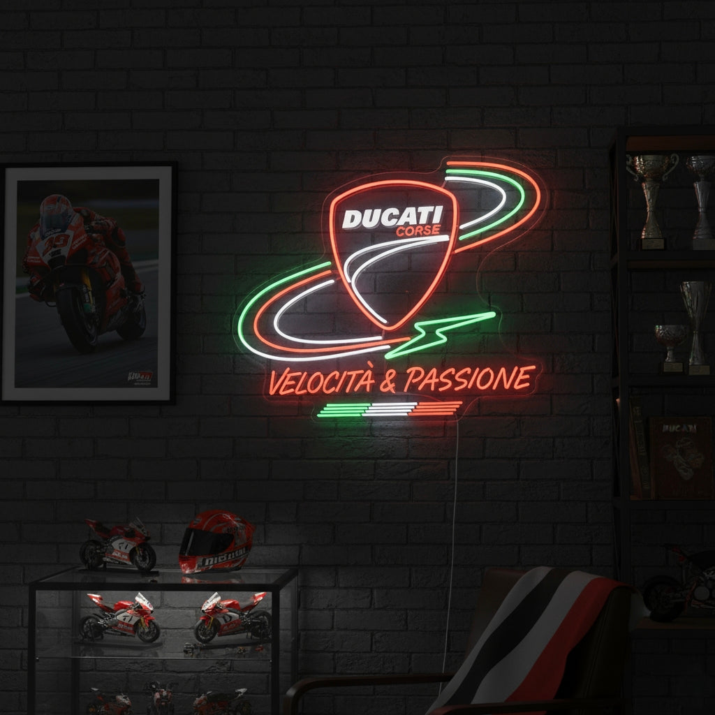 Neon sign featuring the Ducati Corse shield logo with red, green, and white tricolor, perfect for motorcycle enthusiasts and racing fans.