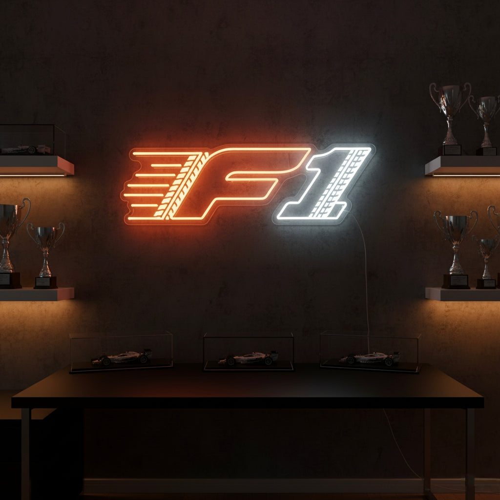 Neon wall light with the official F1 logo in orange and white, ideal for racing fans, game rooms, and garages.