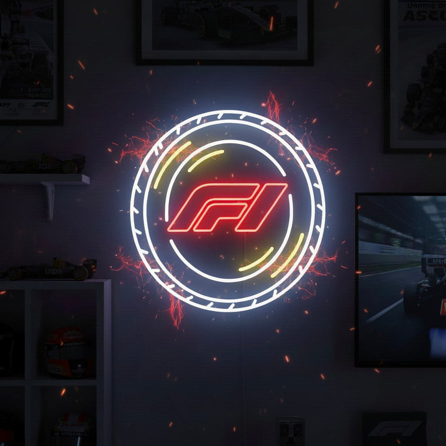 Neon sign with circular outline, red F1 logo, and glowing sparks, perfect for motorsport rooms.