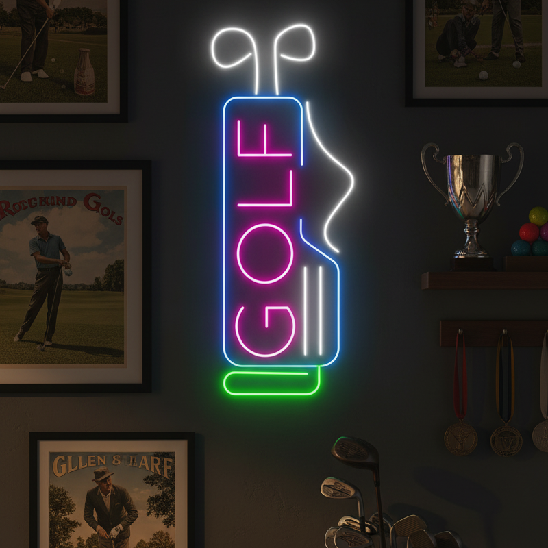 Vertical neon sign shaped like a golf bag with colorful tubes spelling “GOLF,” ideal for golf lovers and sports decor.