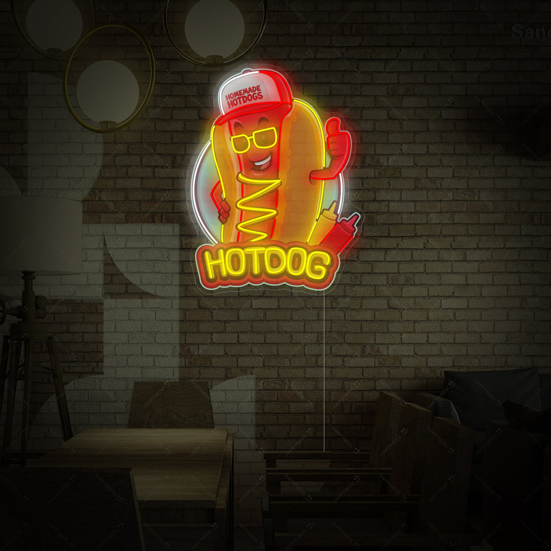 "Hotdog-maskot" Neonskilt