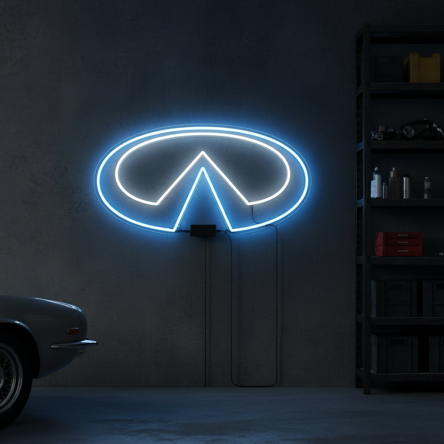 Blue Infiniti logo neon sign with sleek modern style, ideal for car showrooms or garages.