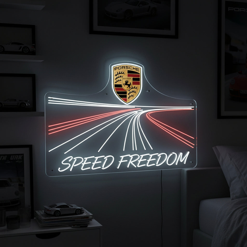Neon sign with Porsche crest, road lines, and “Speed Freedom” text, sleek design for luxury car fans.