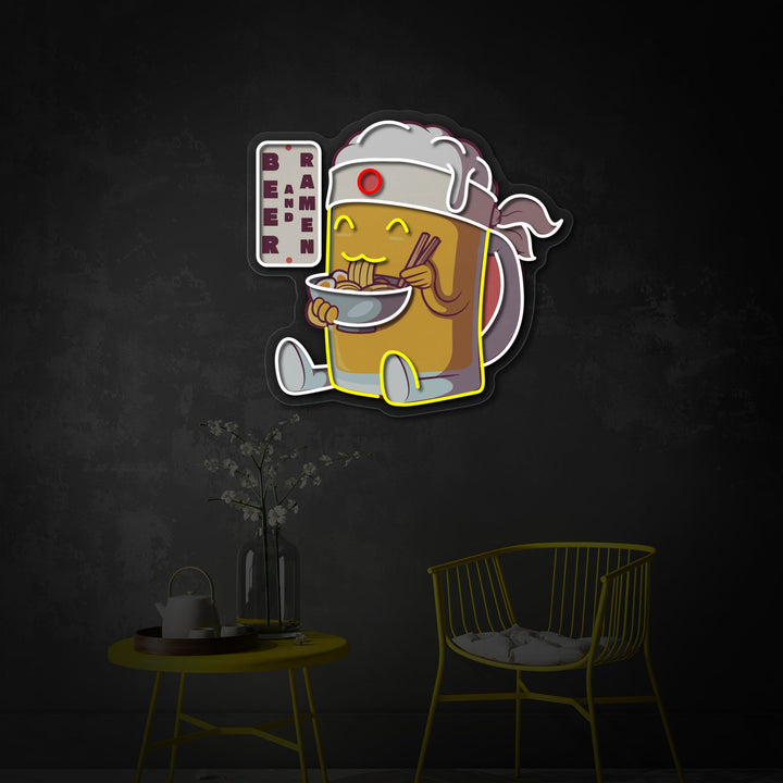 "Ølkarakter, der spiser Ramen, japansk restaurantlogo" UV-printet LED-neonskilt